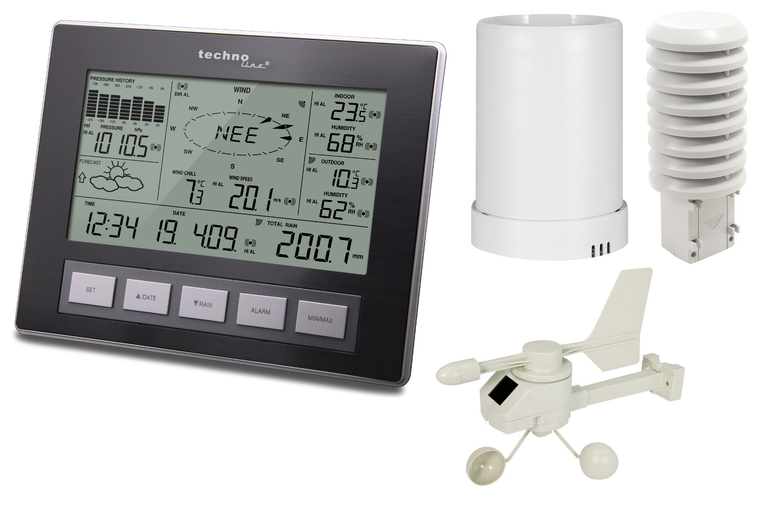 Technoline WS 2816 Profi Funk Wetterstation mit Windmesser Regenmesser