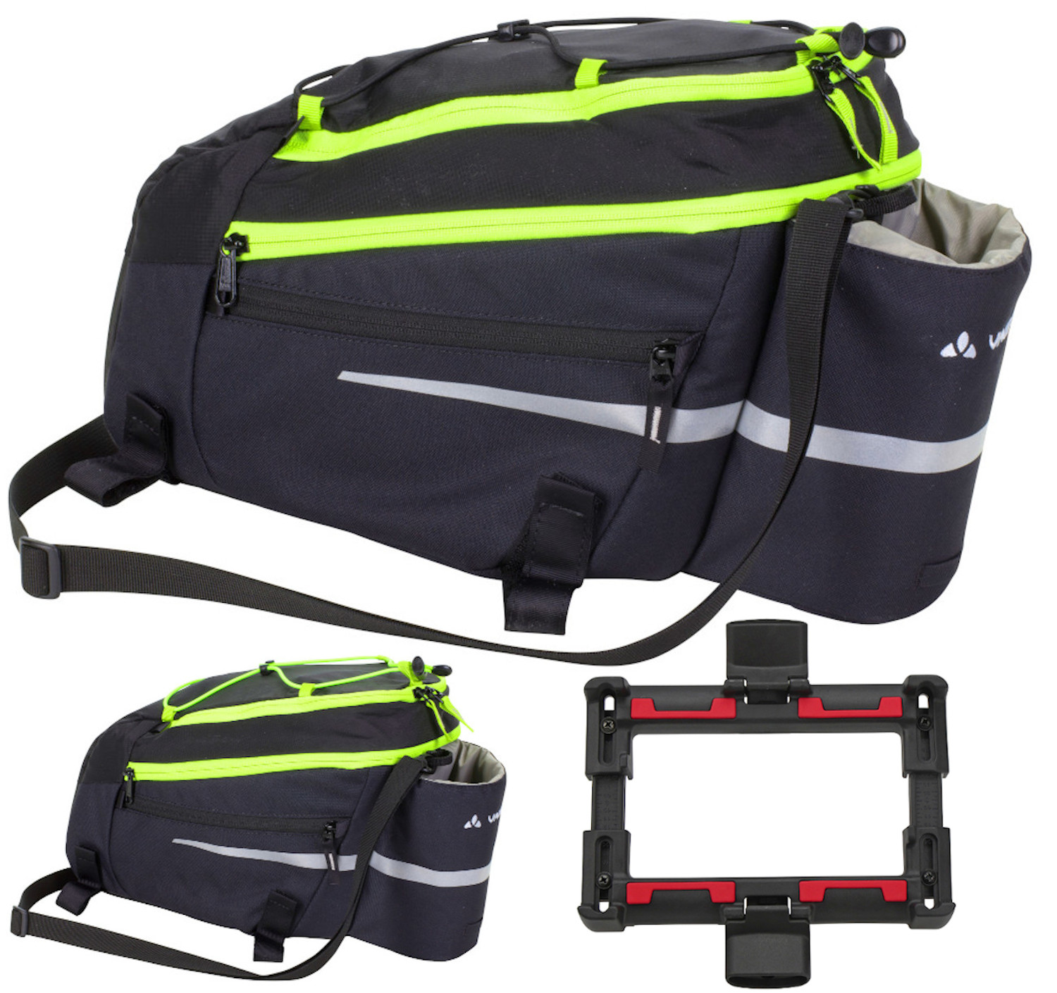 Vaude Silkroad L black bright green mit Klickfix Uniklip Halter Fahrradtasche Gepäckträgertasche